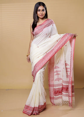 White Khadi Cotton Saree With Blouse Piece