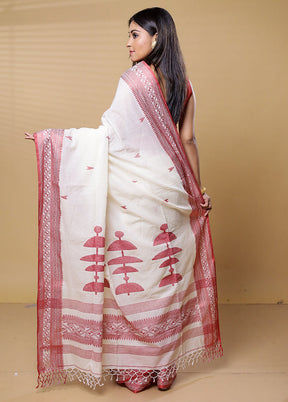 White Khadi Cotton Saree With Blouse Piece