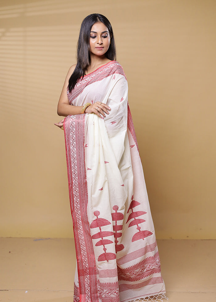 White Khadi Cotton Saree With Blouse Piece