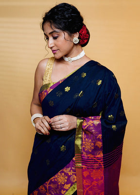 Black Khadi Cotton Saree With Blouse Piece