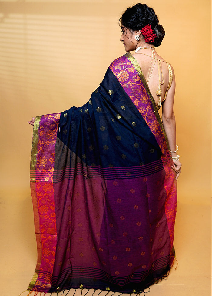 Black Khadi Cotton Saree With Blouse Piece