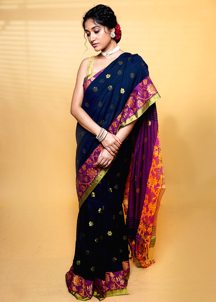 Black Khadi Cotton Saree With Blouse Piece