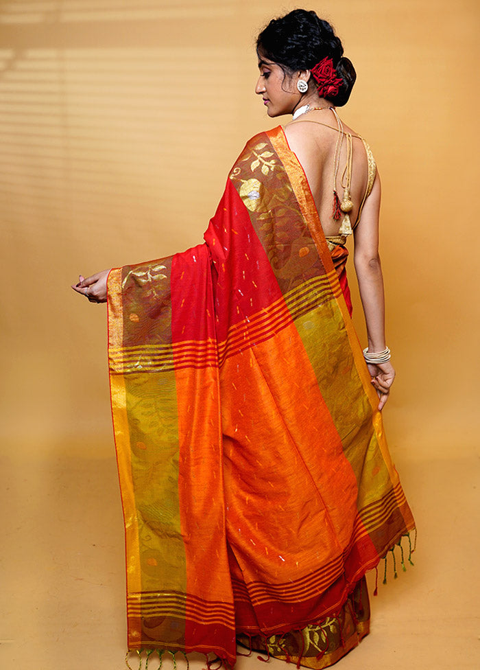 Orange Khadi Cotton Saree With Blouse Piece