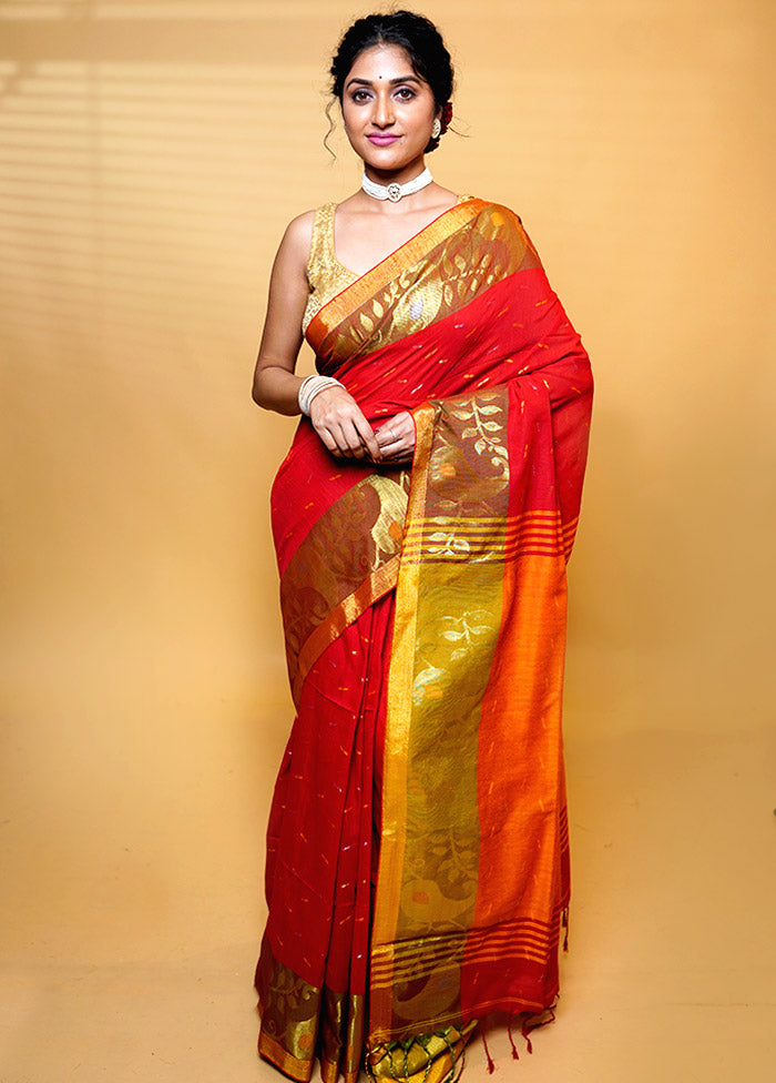 Orange Khadi Cotton Saree With Blouse Piece