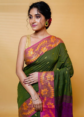 Green Khadi Cotton Saree With Blouse Piece