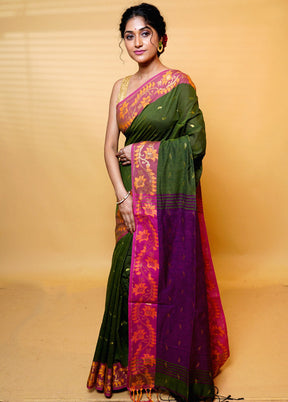 Green Khadi Cotton Saree With Blouse Piece