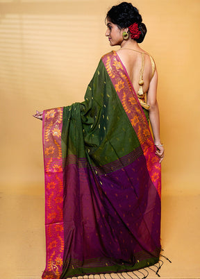 Green Khadi Cotton Saree With Blouse Piece