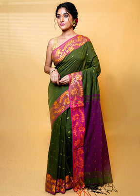 Green Khadi Cotton Saree With Blouse Piece