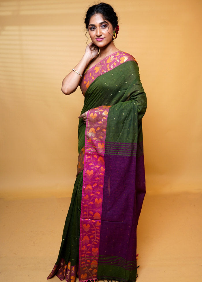 Green Khadi Cotton Saree With Blouse Piece