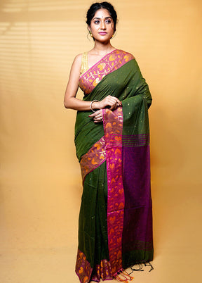 Green Khadi Cotton Saree With Blouse Piece