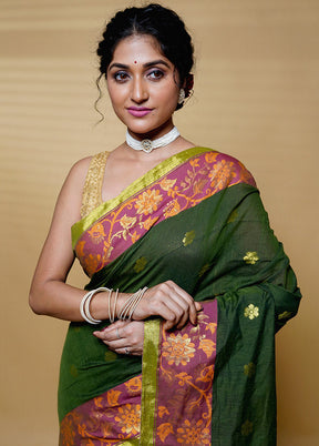 Green Khadi Cotton Saree With Blouse Piece