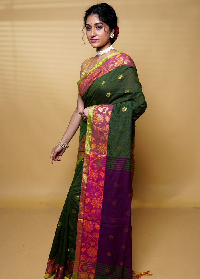 Green Khadi Cotton Saree With Blouse Piece