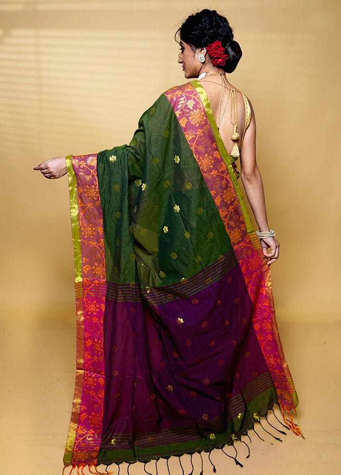 Green Khadi Cotton Saree With Blouse Piece