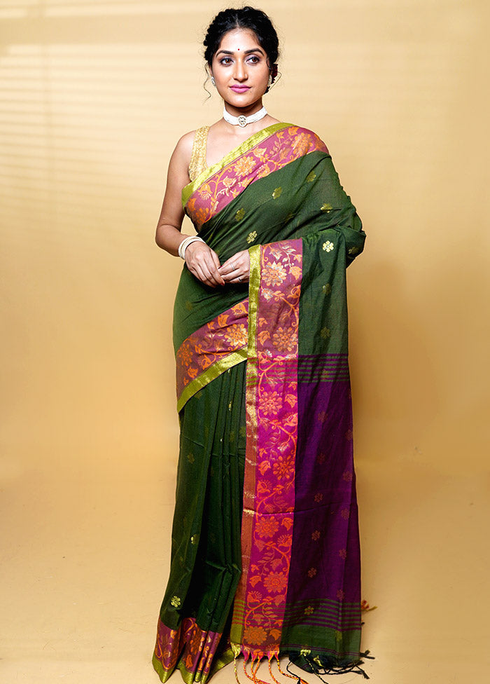 Green Khadi Cotton Saree With Blouse Piece