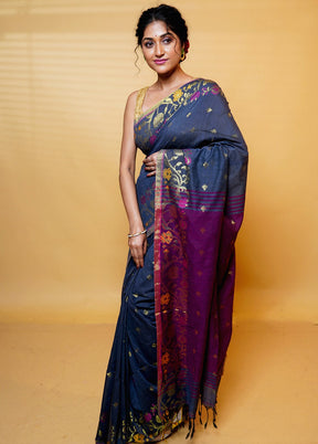 Grey Khadi Cotton Saree With Blouse Piece