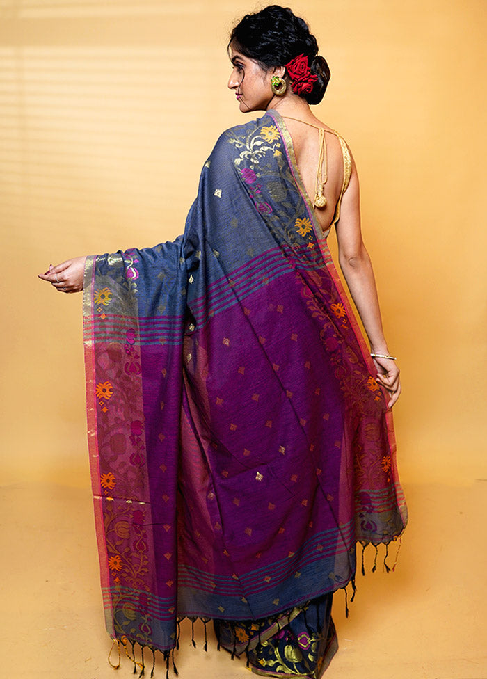 Grey Khadi Cotton Saree With Blouse Piece