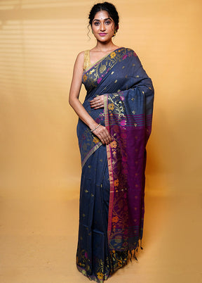 Grey Khadi Cotton Saree With Blouse Piece