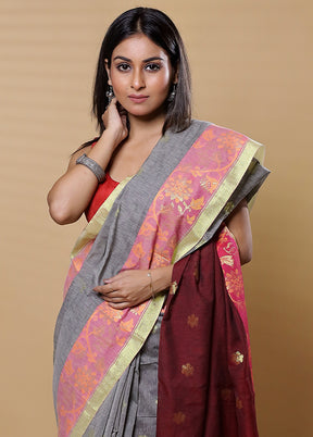 Maroon Khadi Cotton Saree With Blouse Piece