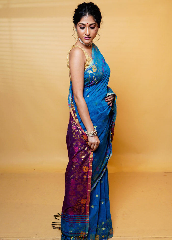 Blue Khadi Cotton Saree With Blouse Piece