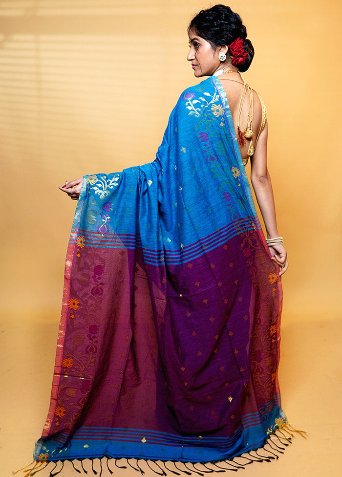 Blue Khadi Cotton Saree With Blouse Piece