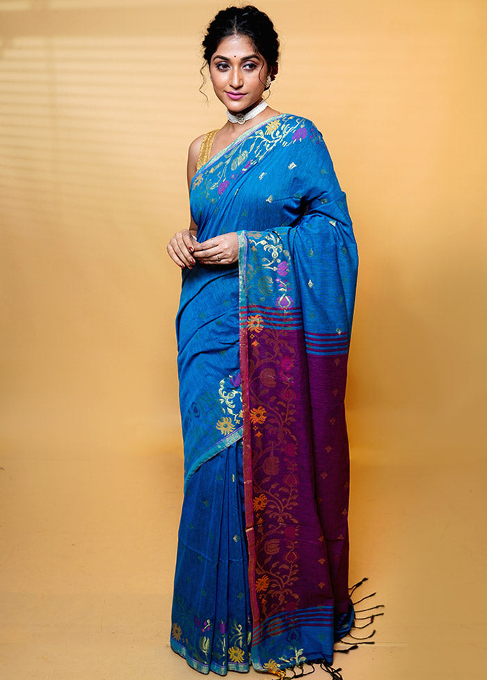 Blue Khadi Cotton Saree With Blouse Piece