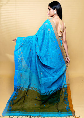 Blue Khadi Cotton Saree With Blouse Piece