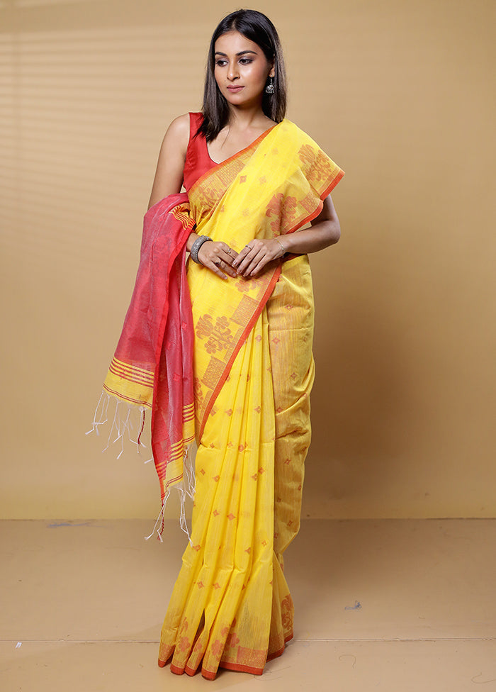 Yellow Khadi Cotton Saree With Blouse Piece