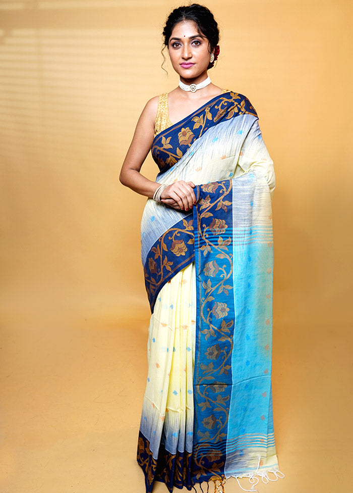 Cream Khadi Cotton Saree With Blouse Piece