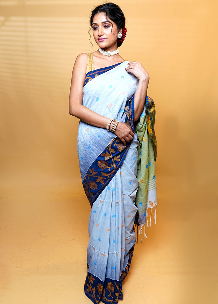 Grey Khadi Cotton Saree With Blouse Piece