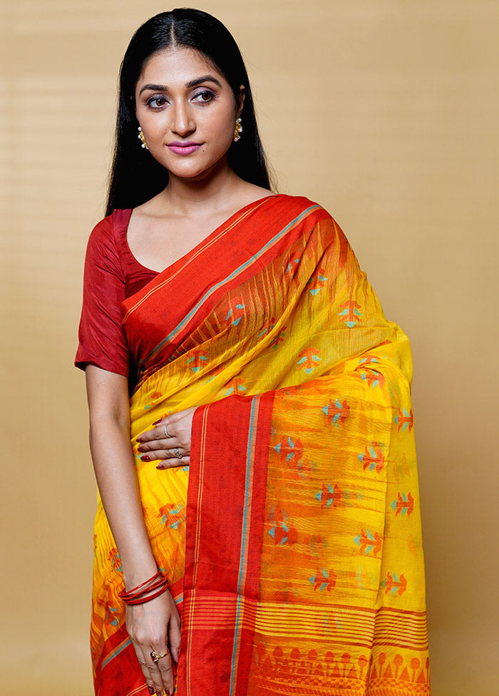 Yellow Khadi Cotton Saree With Blouse Piece