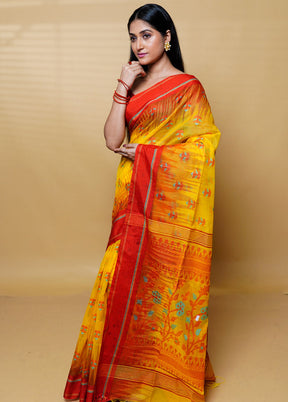 Yellow Khadi Cotton Saree With Blouse Piece