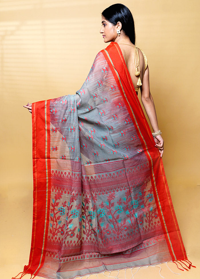 Grey Khadi Cotton Saree With Blouse Piece