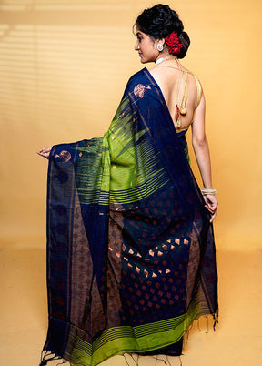 Green Khadi Cotton Saree With Blouse Piece