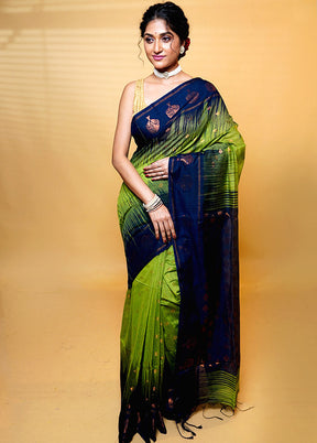 Green Khadi Cotton Saree With Blouse Piece