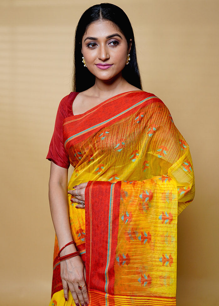 Yellow Khadi Cotton Saree With Blouse Piece