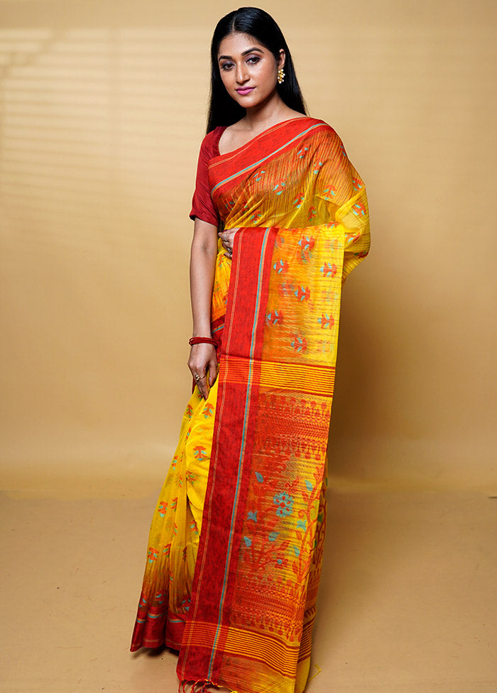 Yellow Khadi Cotton Saree With Blouse Piece