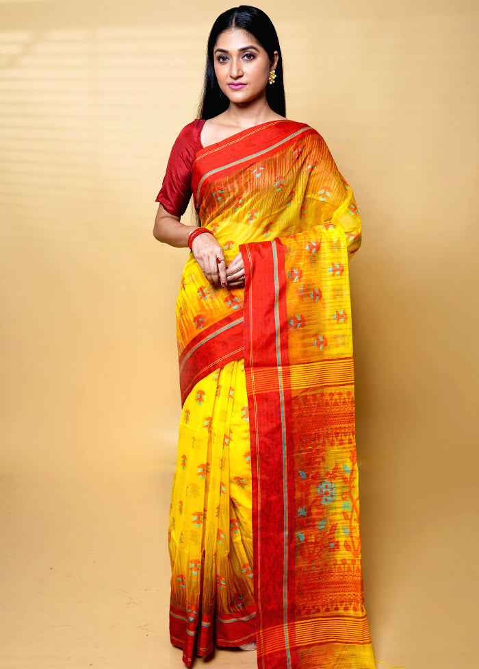 Yellow Khadi Cotton Saree With Blouse Piece