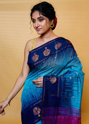 Blue Khadi Cotton Saree With Blouse Piece