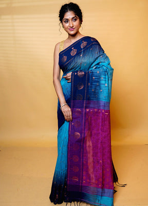 Blue Khadi Cotton Saree With Blouse Piece