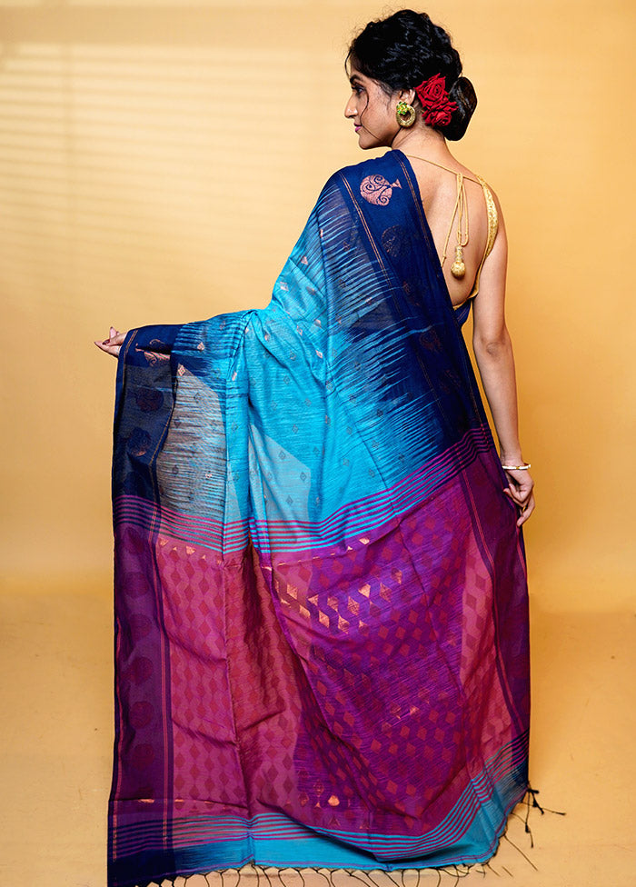 Blue Khadi Cotton Saree With Blouse Piece