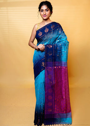 Blue Khadi Cotton Saree With Blouse Piece