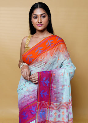 Blue Khadi Cotton Saree With Blouse Piece