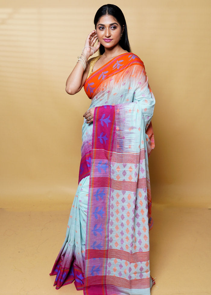 Blue Khadi Cotton Saree With Blouse Piece