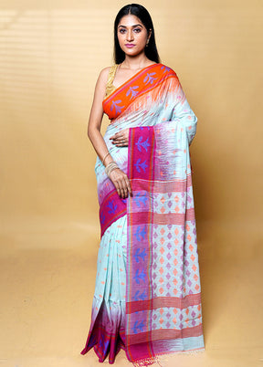 Blue Khadi Cotton Saree With Blouse Piece