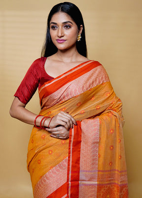 Orange Khadi Cotton Saree With Blouse Piece