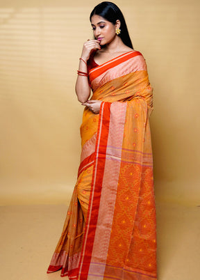 Orange Khadi Cotton Saree With Blouse Piece