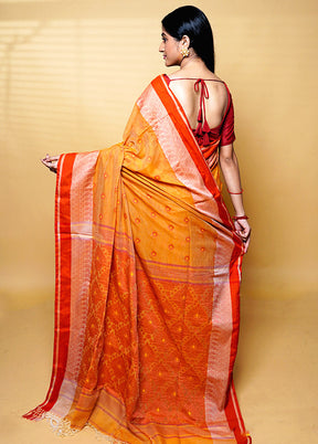 Orange Khadi Cotton Saree With Blouse Piece