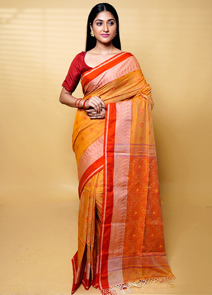 Orange Khadi Cotton Saree With Blouse Piece