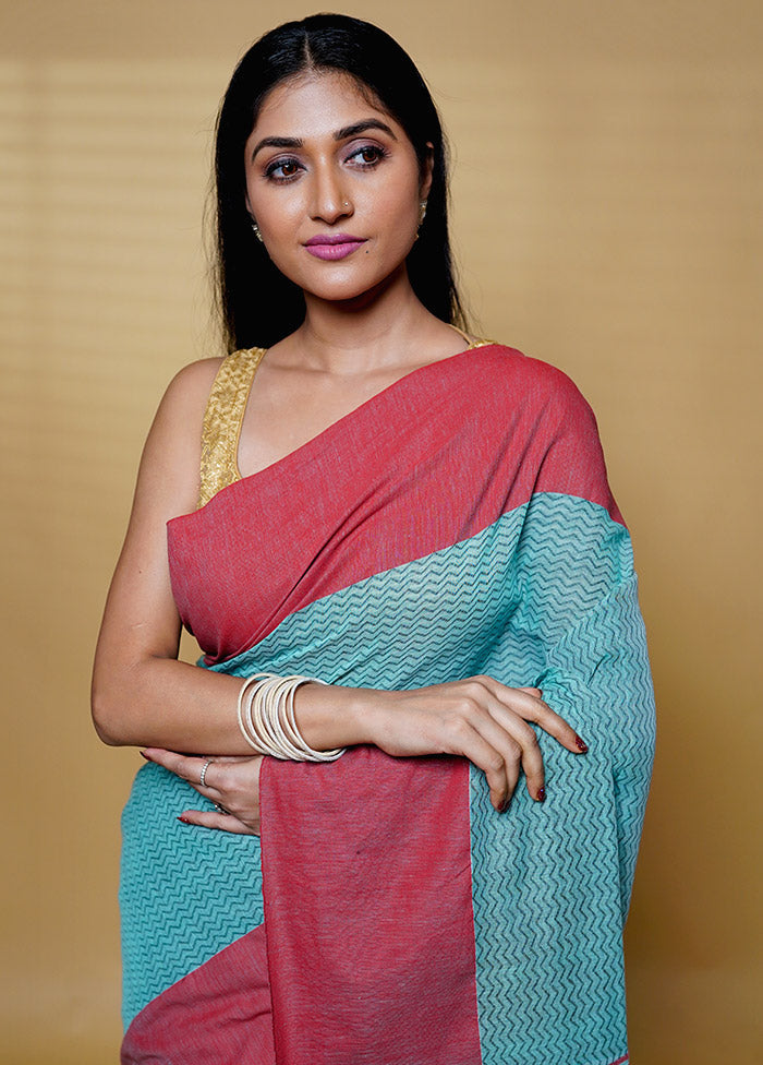 Blue Khadi Cotton Saree With Blouse Piece