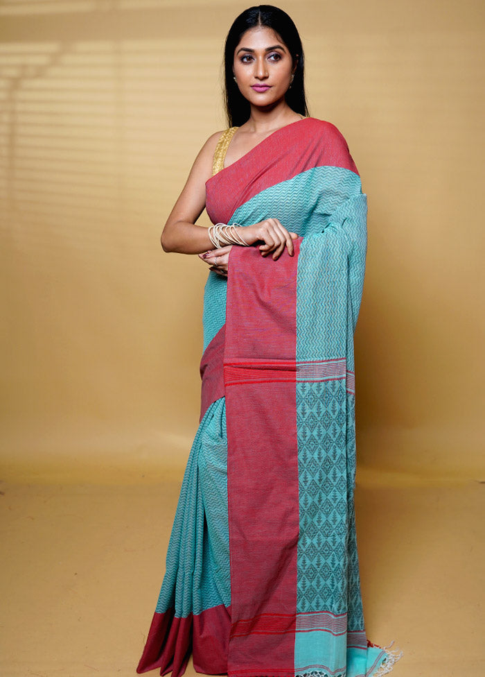 Blue Khadi Cotton Saree With Blouse Piece